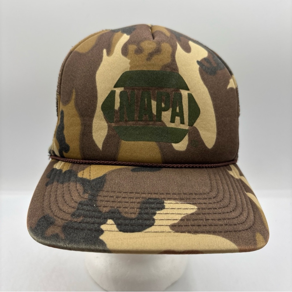 Vintage NAPA Camo Trucker Hat San Sun High Profile Meshback SnapBack Hat OSFM